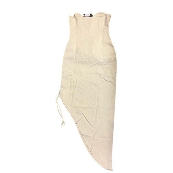 PLT NWT Sand Neutral Plunge Asymmetrical Midi Dress Old Money Quiet Luxury Chic - Picture 7 of 12